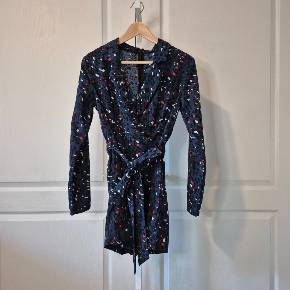 Blue Graphic Print Wrap Romper | Zip Back & Tie Waist | Size S–M